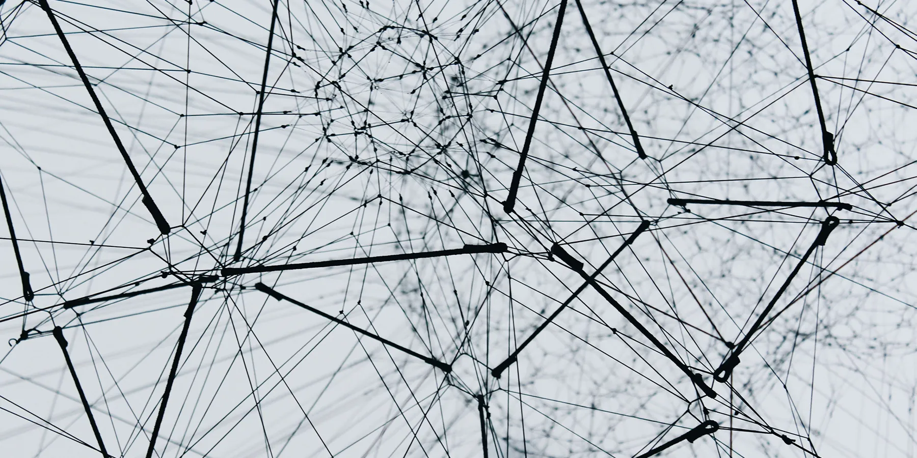Abstract web of black nodes connected by thin crisscrossing lines on a white background, resembling a network graph