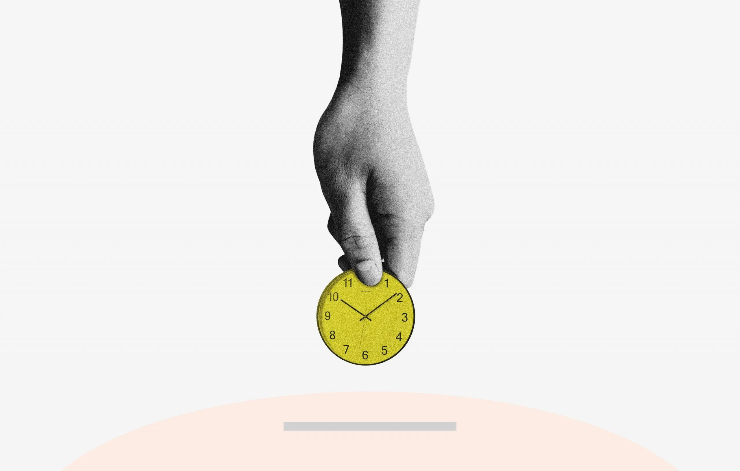 Collage of a black-and-white hand dropping a yellow wall clock into a slot, on a pale background with a peach arc