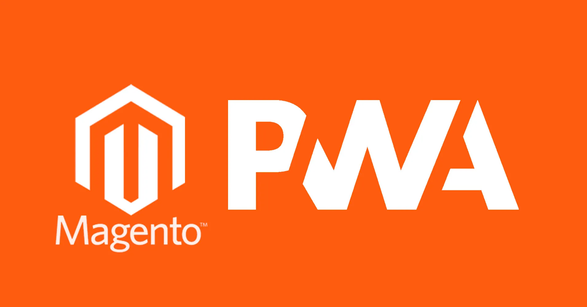 White Magento and PWA logos on a solid orange background