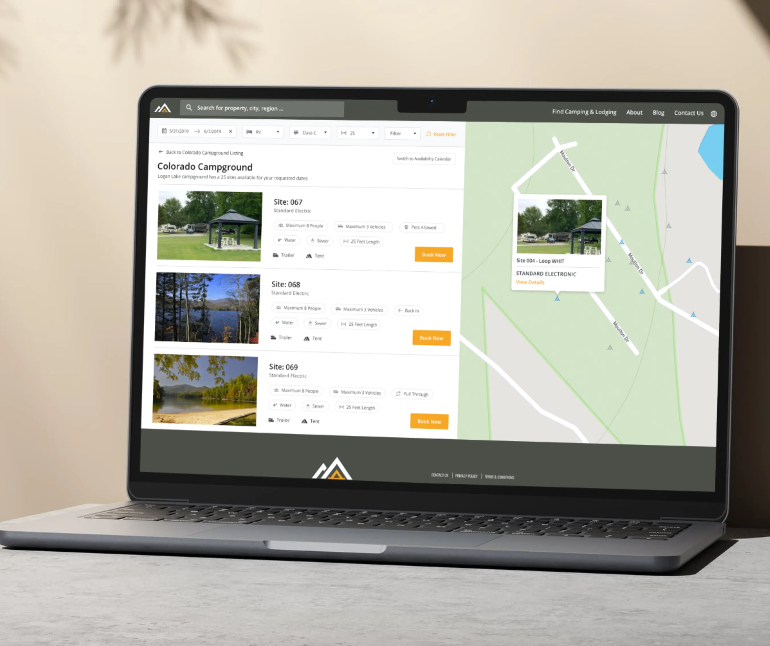 Colorado Campground site-selection screen listing individual sites with amenities and Book Now buttons beside a site map