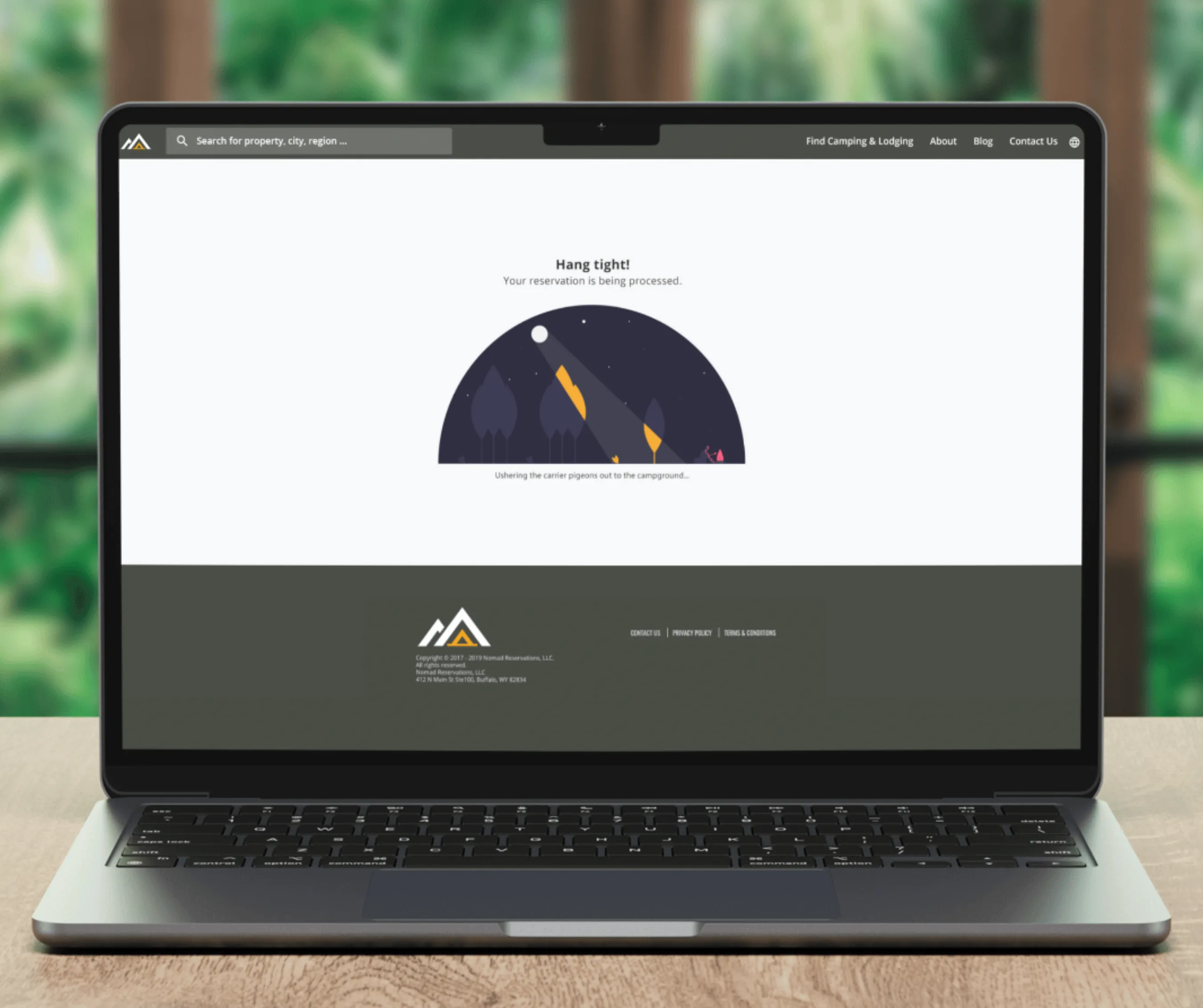 Reservation-processing screen with a 'Hang tight' message and a nighttime campfire illustration
