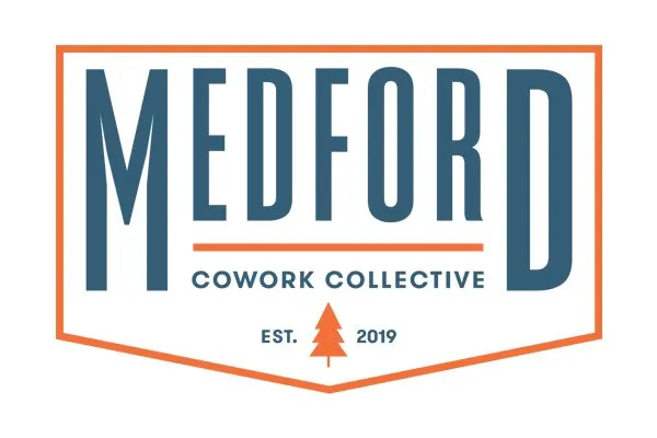 MCC logo concept — 'Medford Cowork Collective' crest badge in orange outline with blue text and pine tree