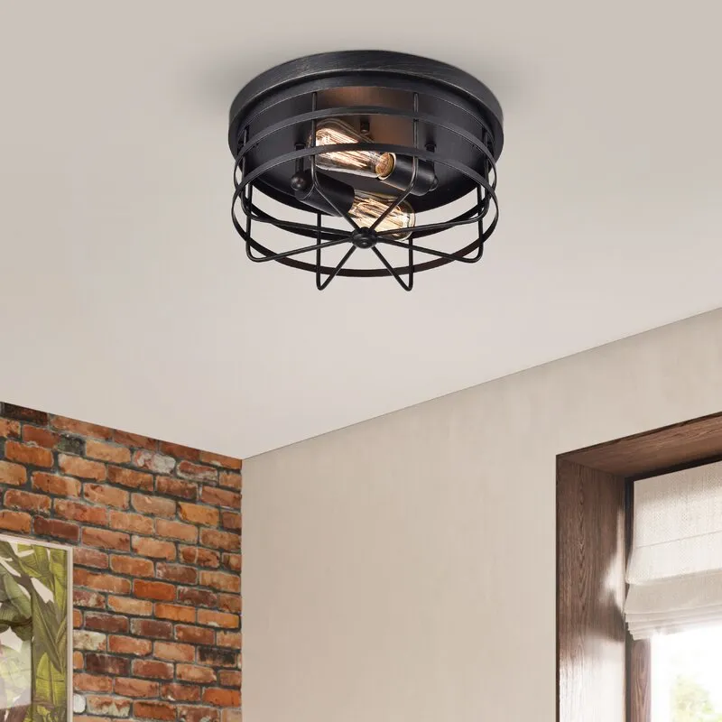 Interior inspiration — black industrial caged flush-mount ceiling light with Edison bulbs