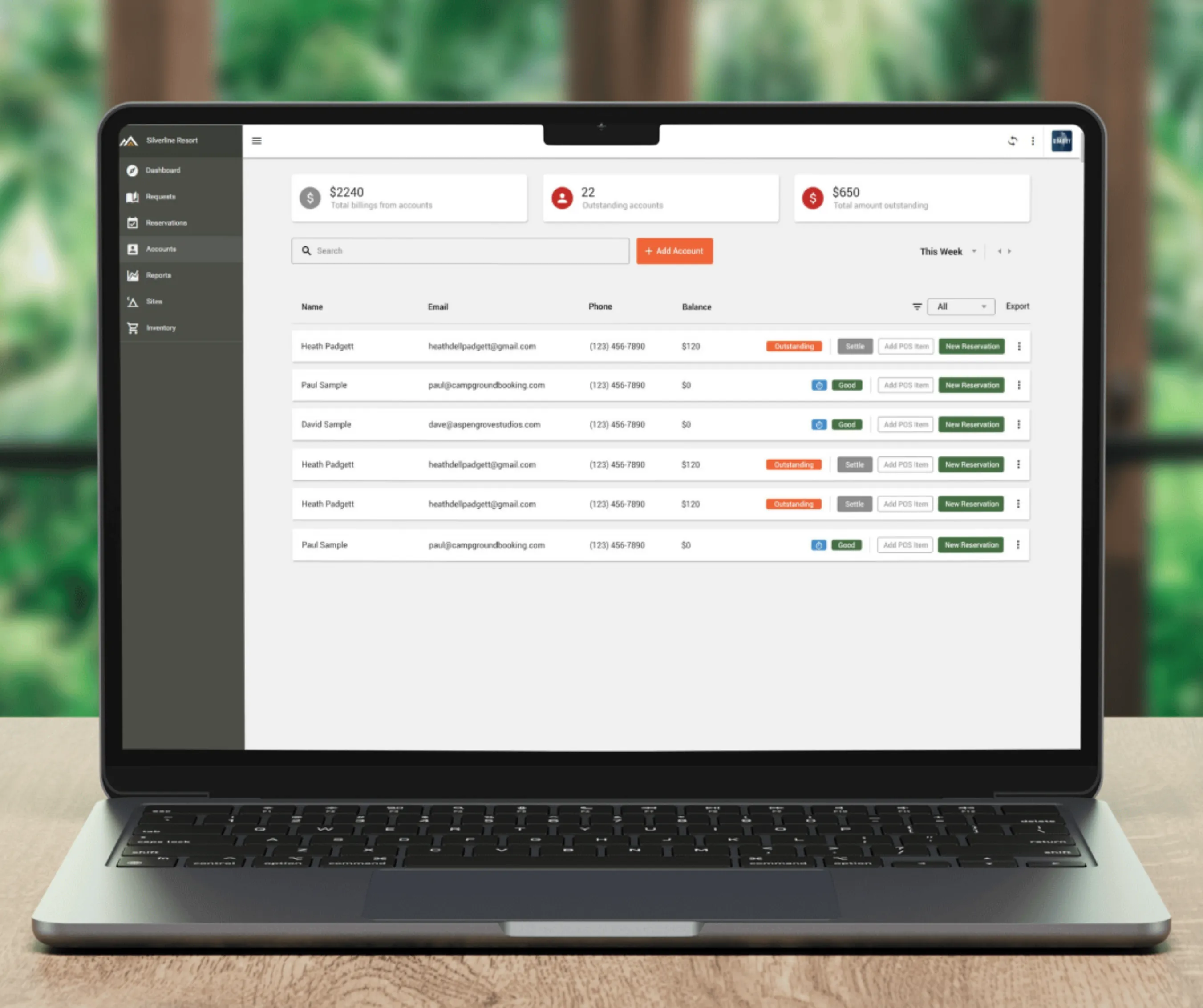 Operator admin Accounts screen with billing summary cards and a table of customer accounts, balances and statuses