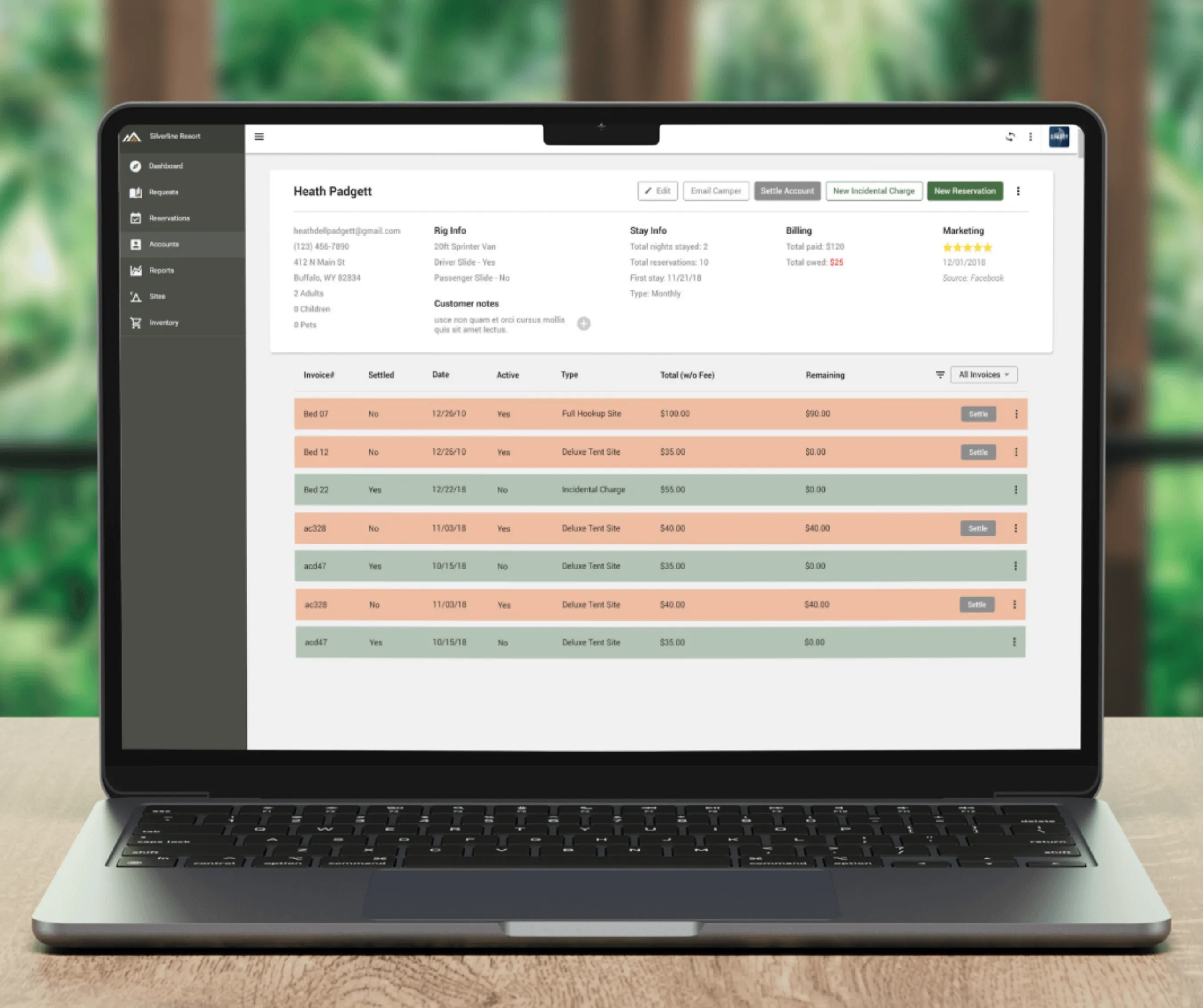 Operator admin customer detail screen with rig and stay info and a color-coded invoice table