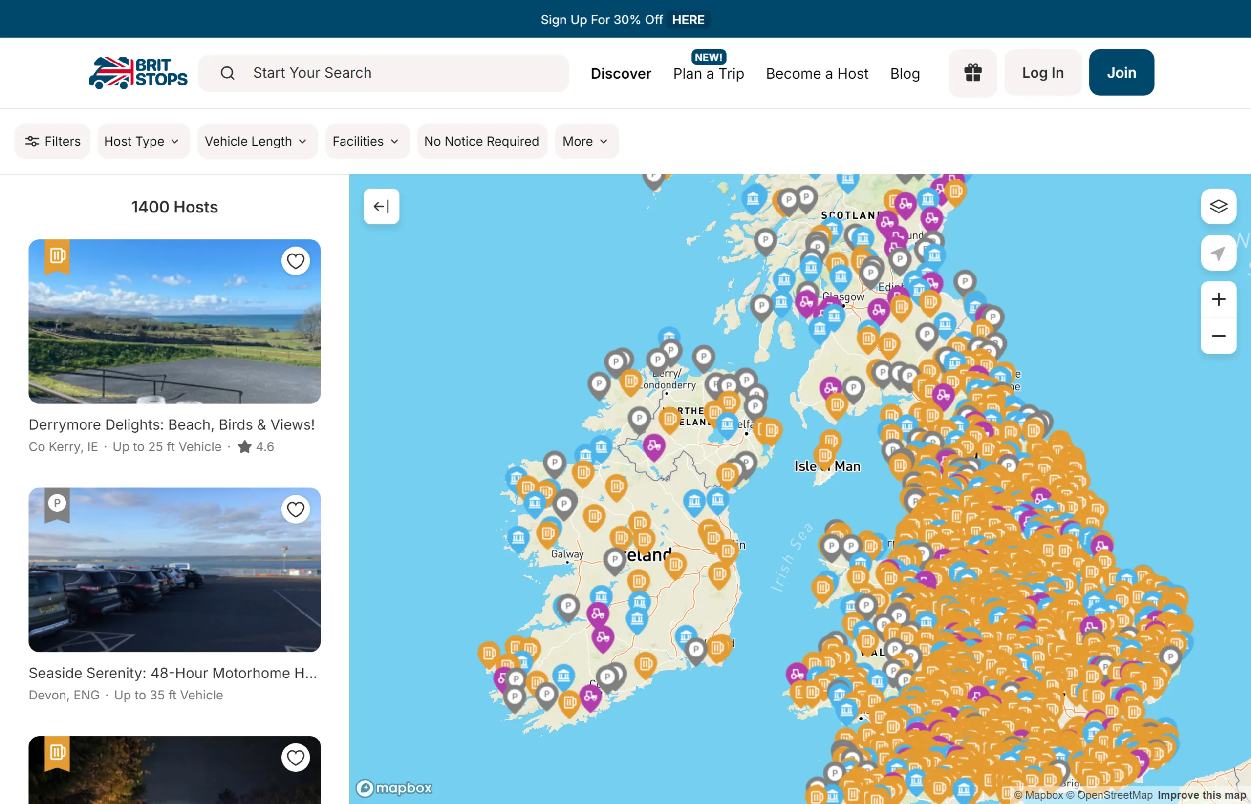 Brit Stops host discovery page with filters and an interactive UK and Ireland map