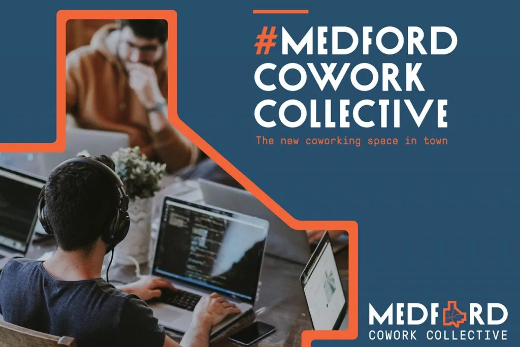 Branded social graphic — 'Medford Cowork Collective, the new coworking space in town' over a photo of people on laptops