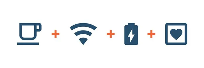 Icon concept sketch — four line icons (coffee cup, wifi, battery, heart) joined by orange plus signs