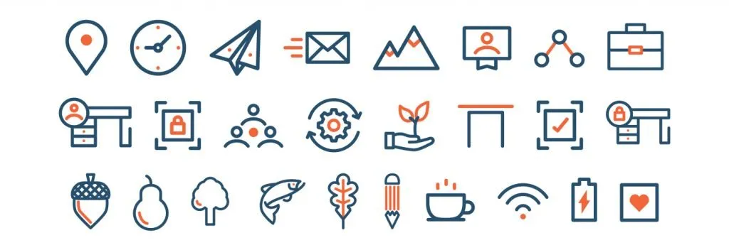Full MCC icon library — 24 navy-and-orange line icons for coworking features and local Medford produce