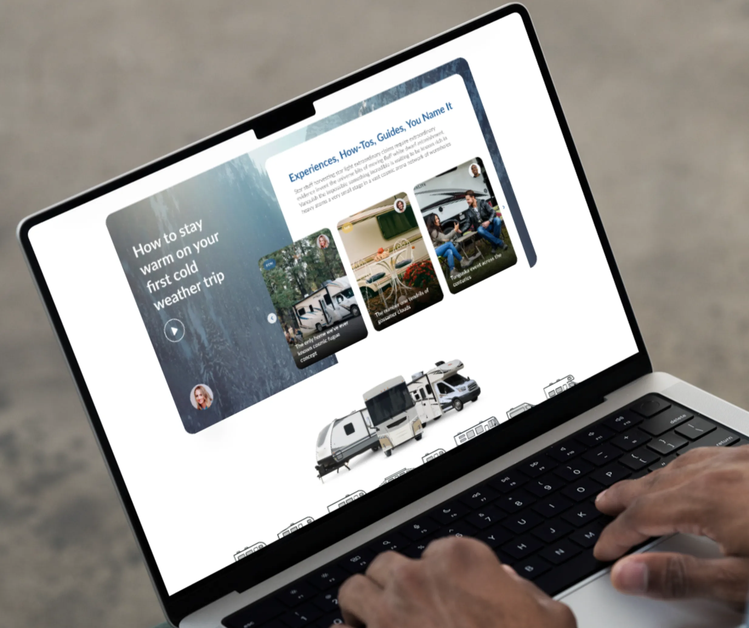Laptop mockup of Camping World experiences and how-to guides section with article cards and an RV graphic