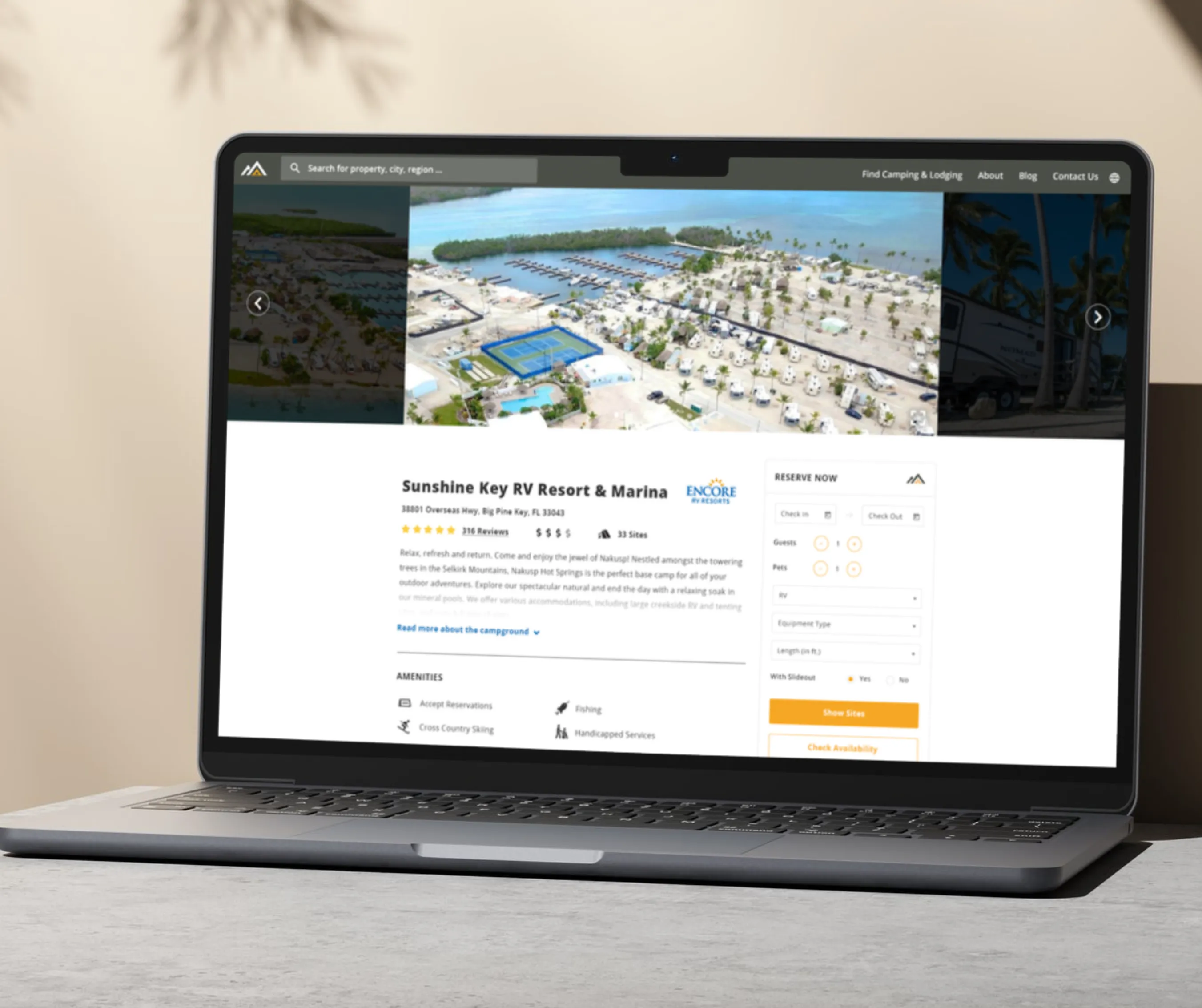 Campground detail screen for Sunshine Key RV Resort with hero photos, reviews, amenities and a reservation booking panel