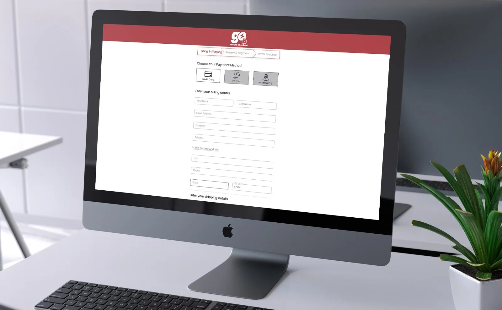 iMac showing PJP Go secure-checkout screen with payment method options and a billing details form