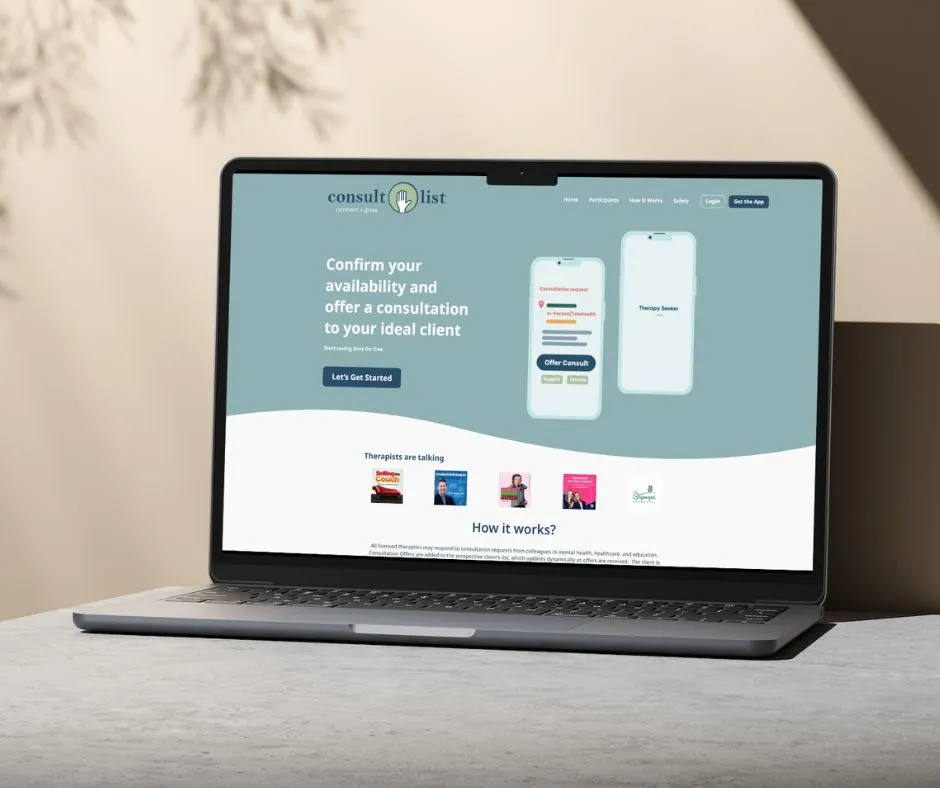 An image of a laptop with the consultlist.com marketing site homepage visible on the screen