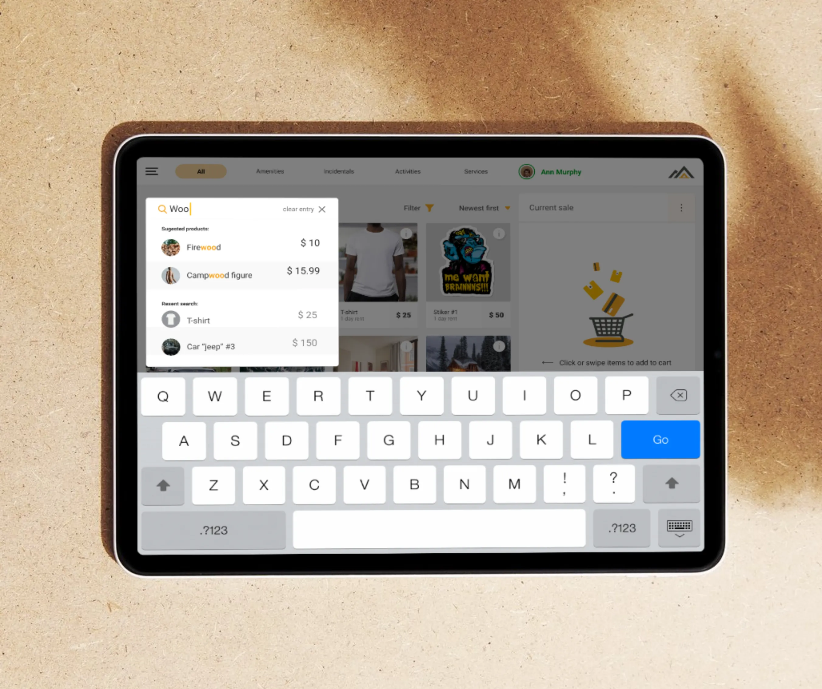 Tablet POS screen with on-screen keyboard and product search dropdown showing suggested items and recent searches