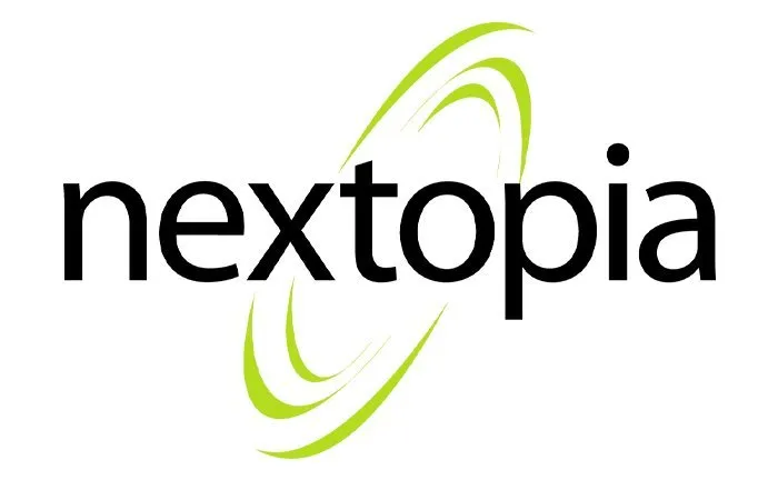 Nextopia logo in black lowercase lettering with a green swoosh on a white background