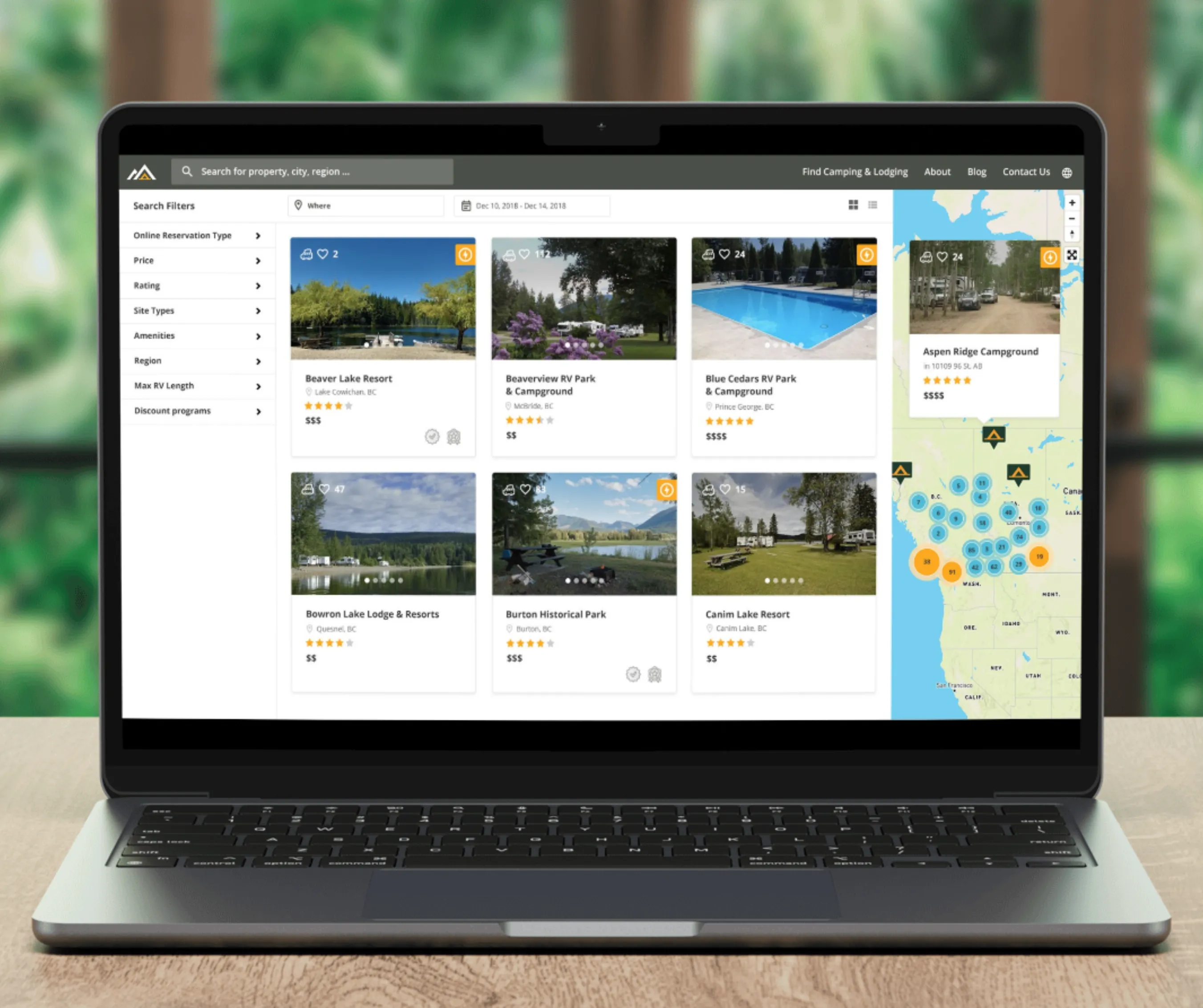 Laptop showing campground search results with filters, listing cards of resorts with ratings and prices, and a map of sites